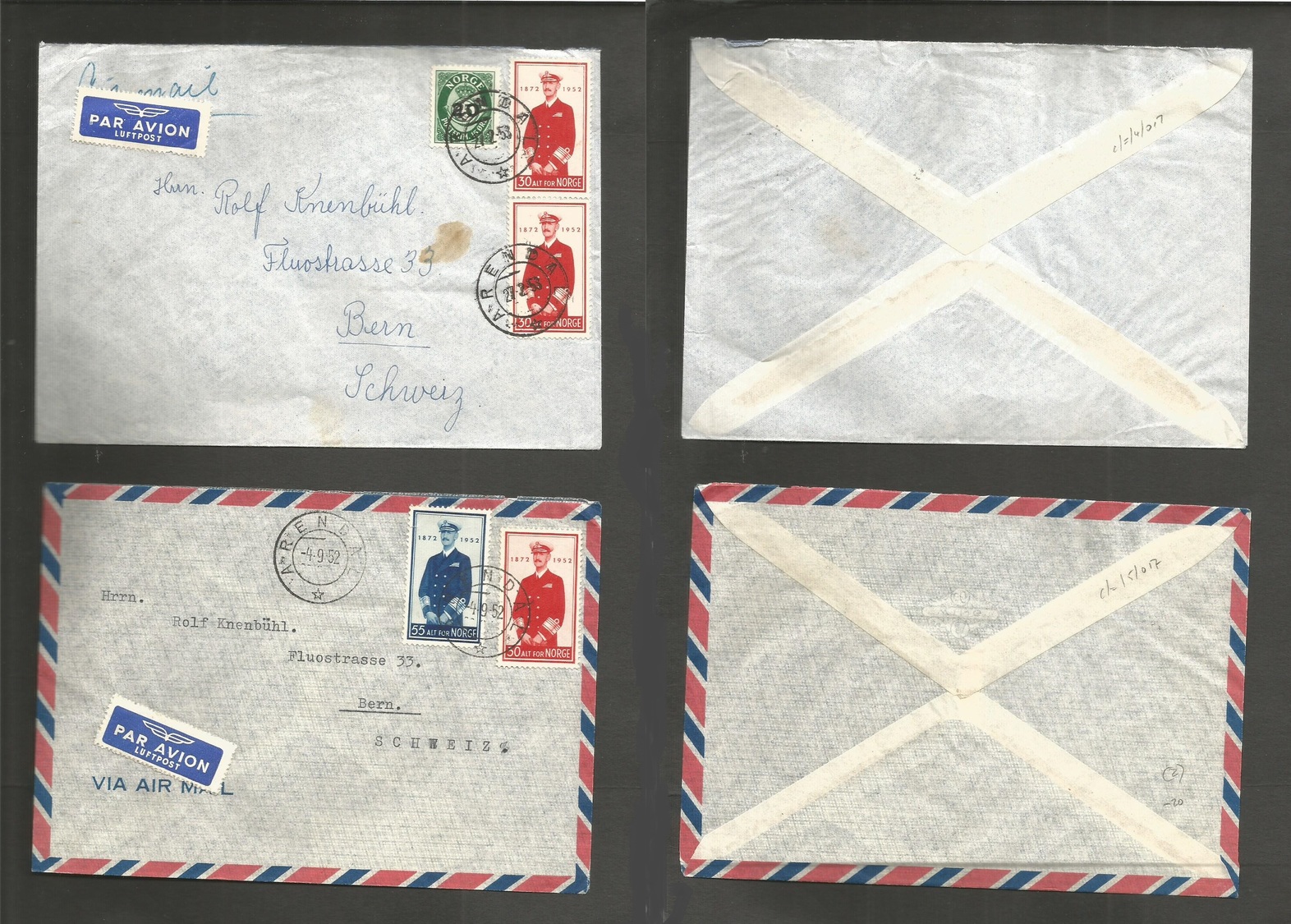 Norway. 1952-3. Arendal - Switzerland, Bern. 2 Air Franked Envelopes. Same Issue Diff Rates. XF. - Autres & Non Classés