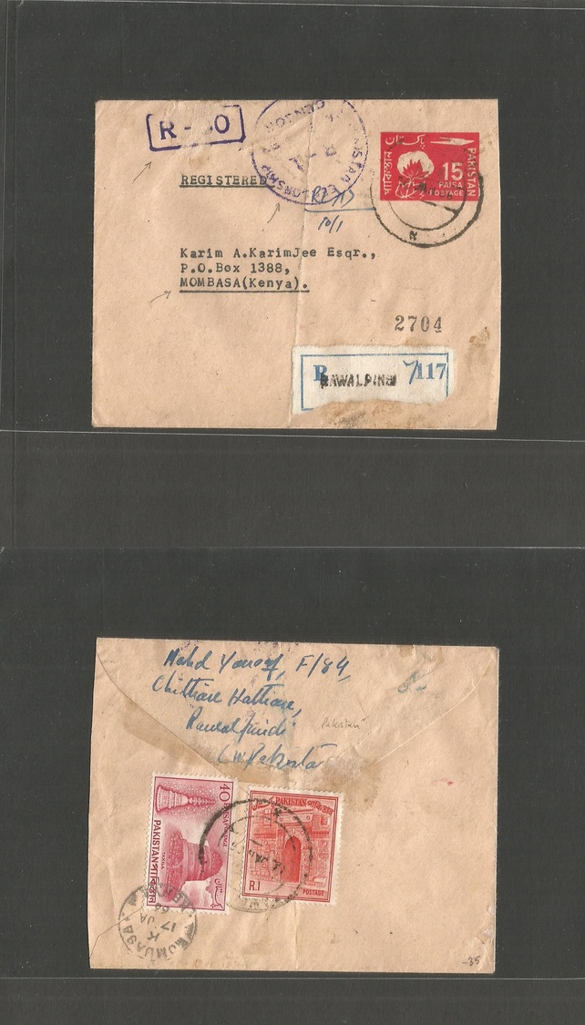 Pakistan. 1966 (10 Jan) Rawalpindi - Mombasa, Kenya (17 Jan 66) Registered 15 Paise Red Stationary Envelope + 2 Adtl Sta - Pakistan