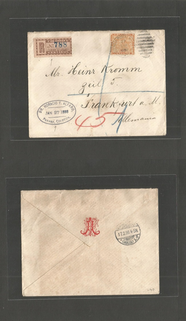 Panama. 1898 (27 Jan) Panama, Colombia - Germany, Frankfurt (17 Febr) Registered 10c Fkd Env + R-label (10c) Fine. - Panama