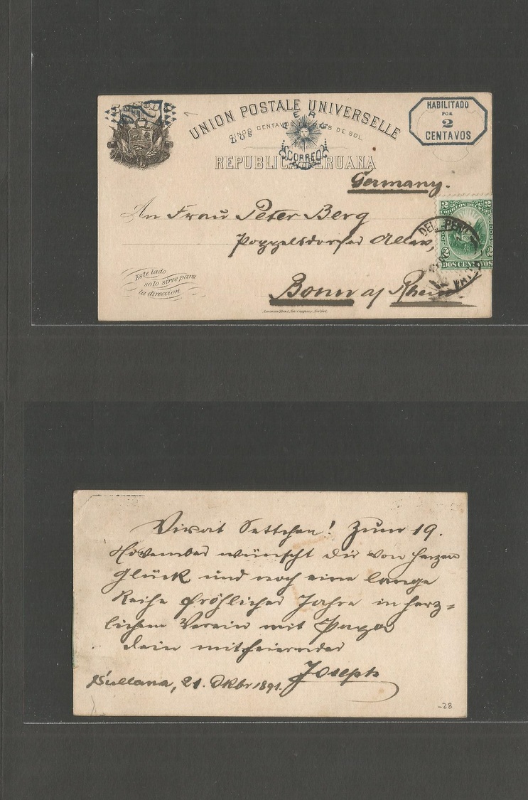 Peru. 1891 (21 Dec) Sultana - Germany, Bonn. Hablikdo 2c Ovptd Stat Card + 2c Adtl Stamp, Cds. Fine. - Pérou