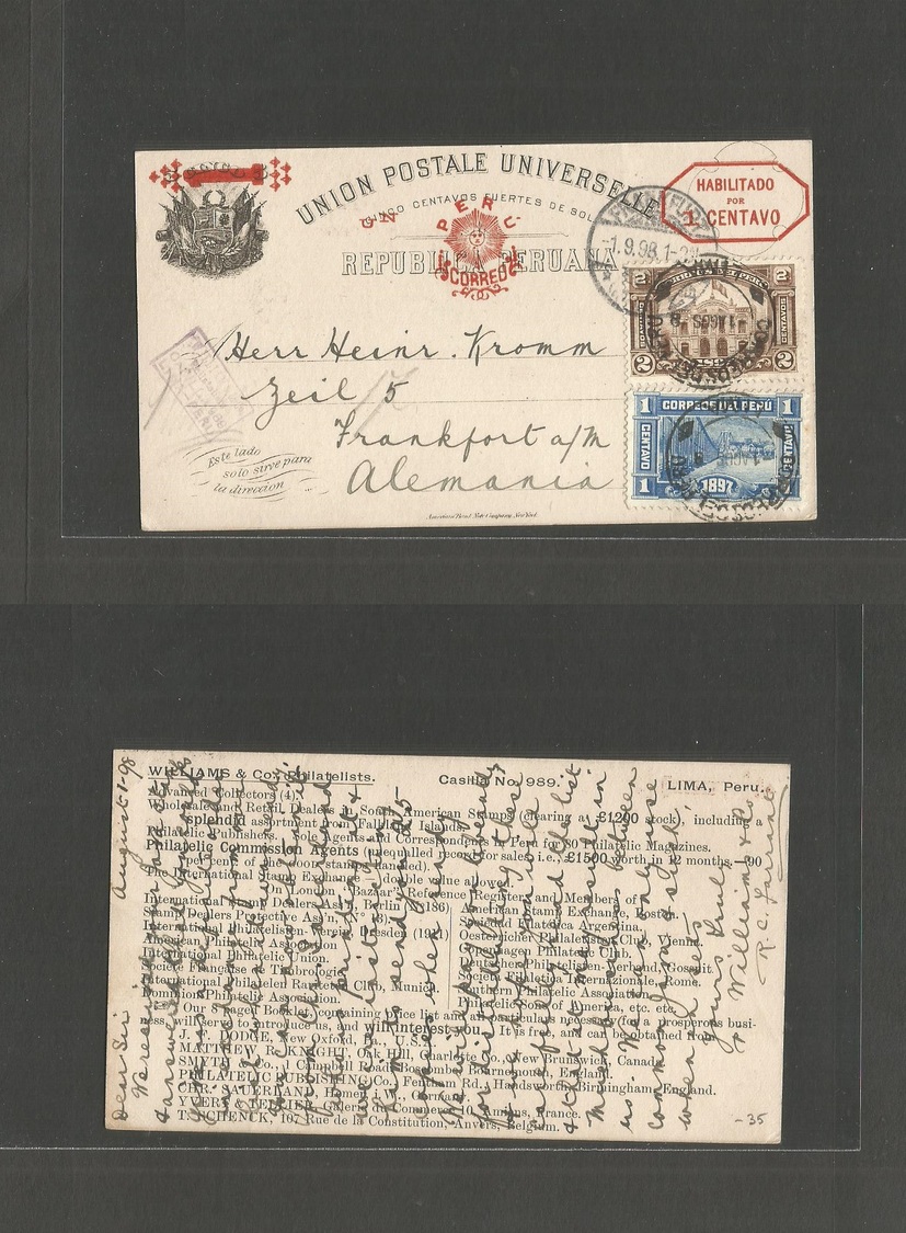 Peru. 1898 (1 Aug) Lima - Germany, Frankfurt (1 Sept) Habilitado 1c Ovptd Stat Card + 2 Adtls Stamps. Fine Used. - Pérou