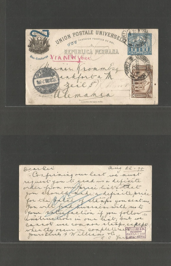 Peru. 1895 (22-23 Aug) Lima - Germany, Frankfurt (31 Sept) 2c Blue Stat Card Ovptd + Adtl. Via NY. Fine Used. - Pérou