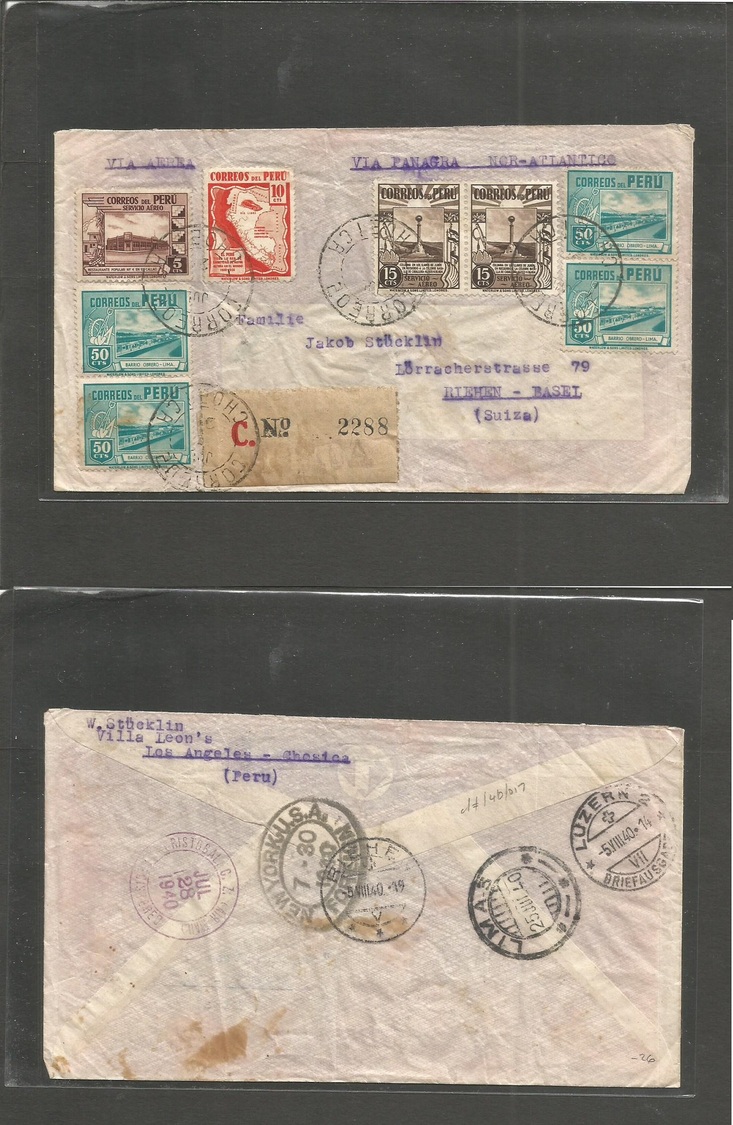 Peru. 1940 (July) Choeica - Switzerland, Riehen (5 Aug) Via Lima - USA. Registered Multifkd PANAGRA - North Atlantic Rou - Pérou