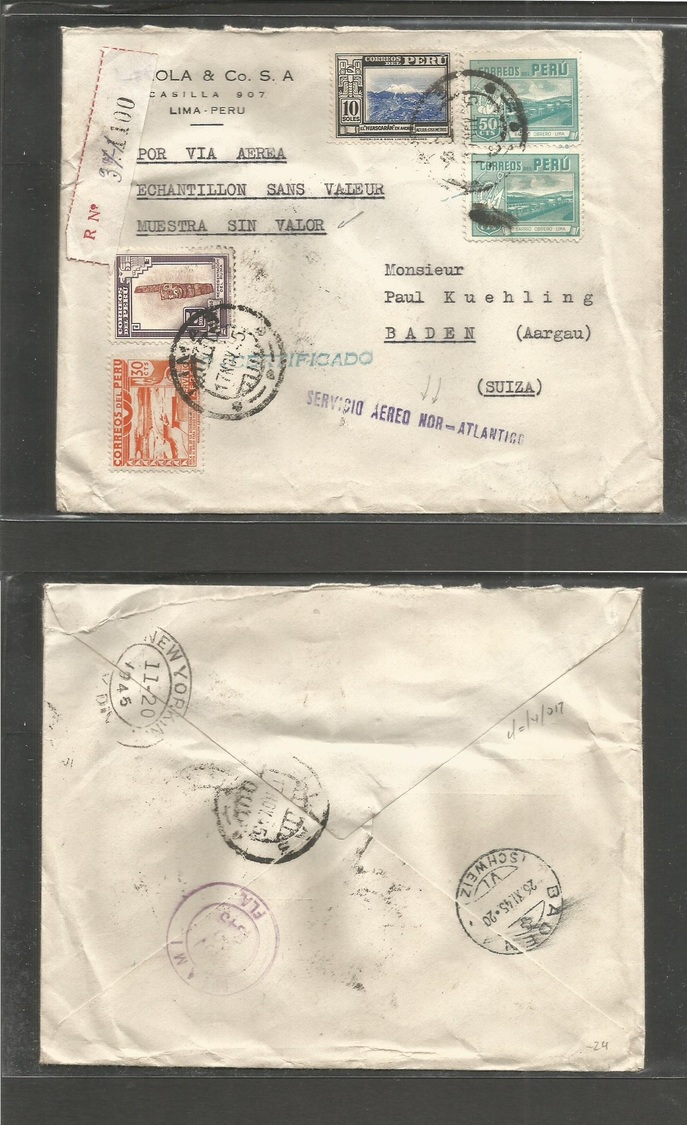 Peru. 1945 (17 Nov) Lima - Switzerland, Baden (25 Nov) Registered Multifkd Air NOR - ATLANTICO Samples Air Rate. Fine +  - Peru