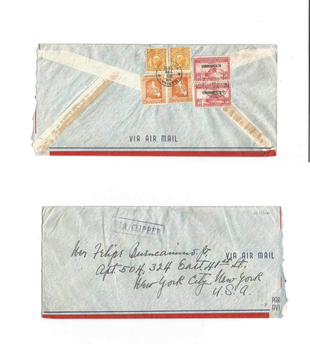 Philippines. 1939 (30 June) Manila - USA, NYC. Reverse Air Multifkd High Values Incl Franklin. Pacific Clipper Envelope. - Philippines