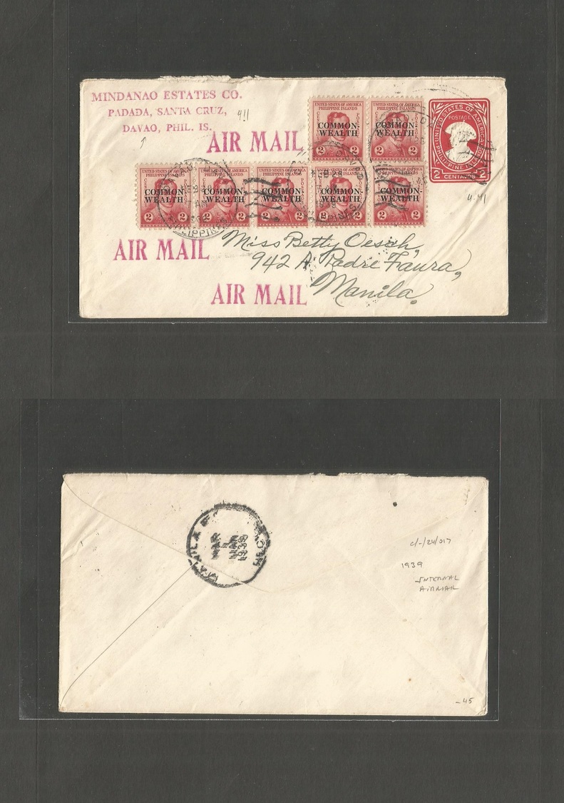Philippines. 1939 (8 Febr) Davao - Manila (1 March) International Airmail 2c Red Stat Env + 7 Adtl Stamps / Commonwealth - Philippinen