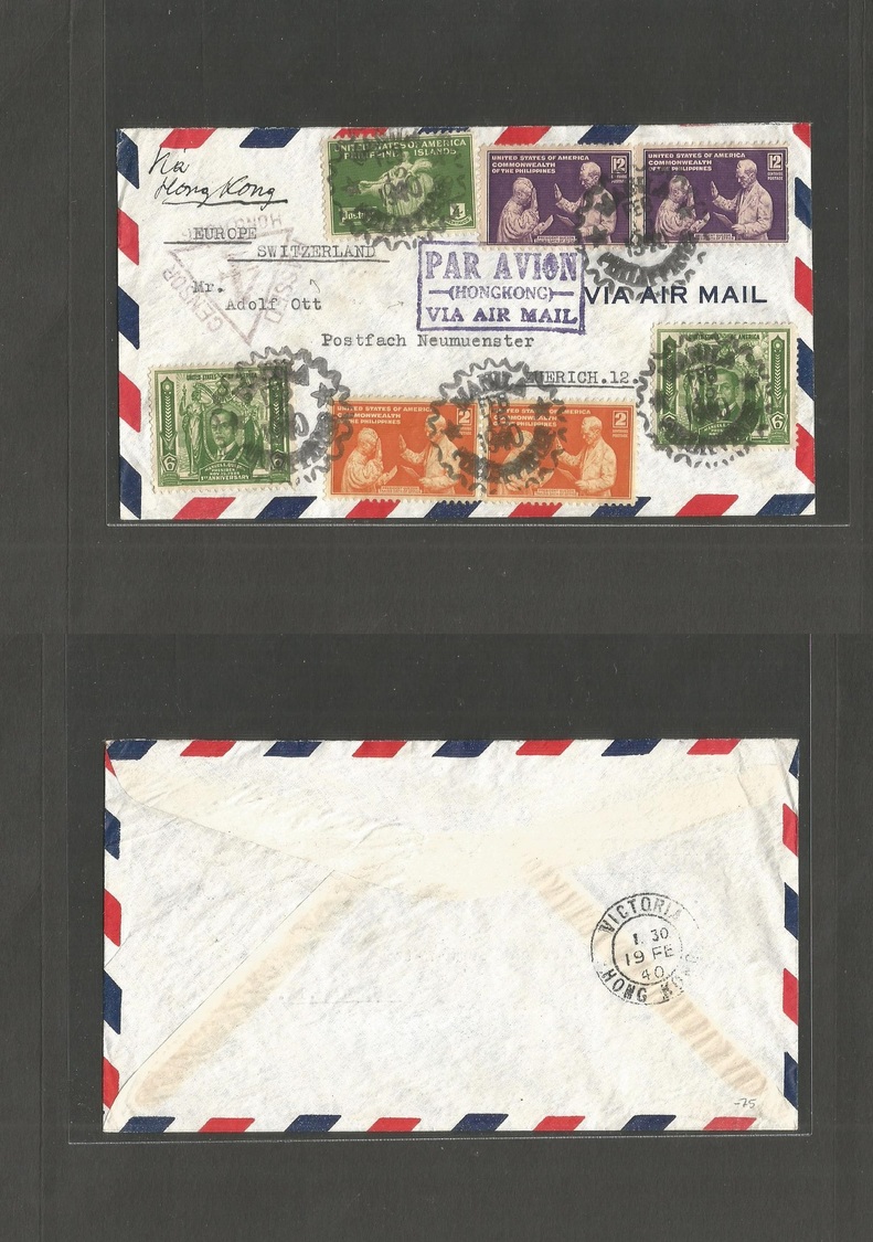 Philippines. 1940 (16 Febr) Manila - Switzerland, Zurich. Air Multifkd Via Hong Kong + Censor Cachet + Aux Pmk Envelope. - Philippines