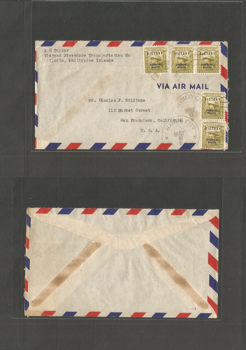 Philippines. C. 1945-6 Ilo Ilo City - USA, SF, CAL. Air Victory Ovptd Issue Multifkd Envelope. - Philippinen