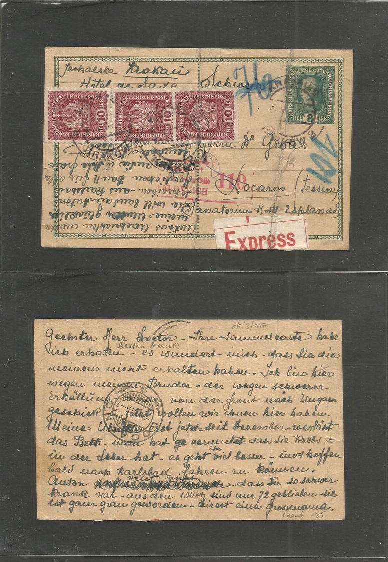 Poland. 1917 (5 June) Austrian Admin. Krakow - Locarno, Switzerland (9 June) Express Postal Service 8h Green Stat Card + - Autres & Non Classés