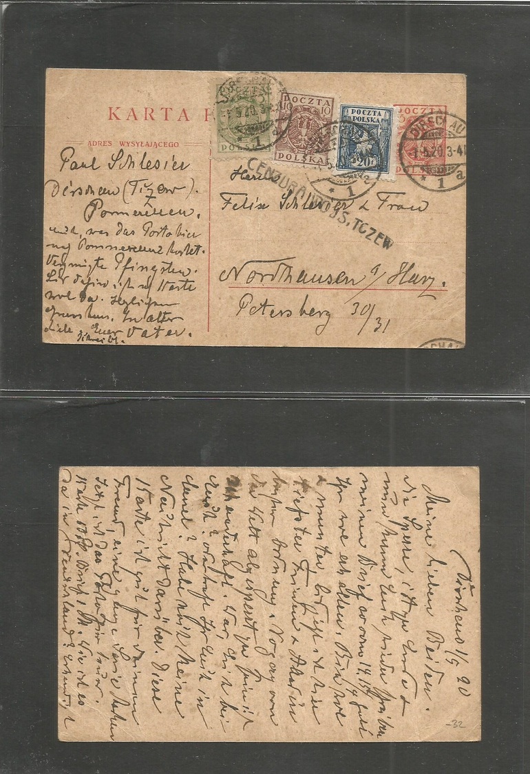 Poland. 1920 (1 May) Dirschan - Nordhansen, Germany, 15f Red Stat Card + 3 Adtls Post WWI Censored VF. Stline "Tezew" - Autres & Non Classés