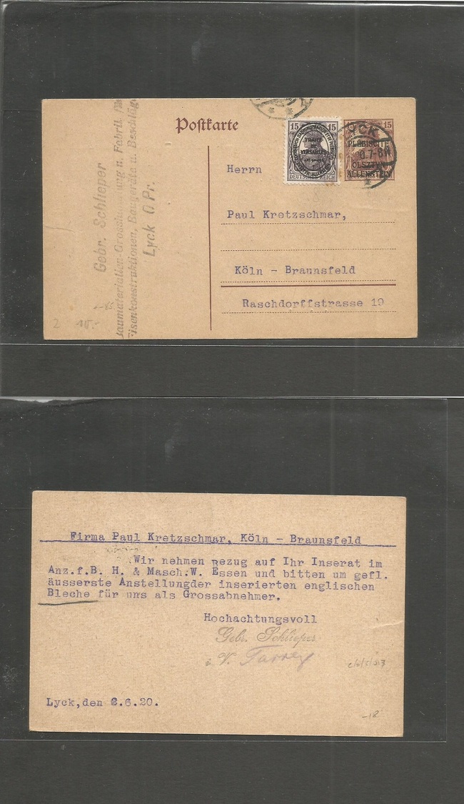 Poland. 1920 (2 June) Olsztyn - Allestein. Lick - Germany, Koln. Germany Stat Card Ovptd Issues + Adtl. Fine Comercial. - Autres & Non Classés