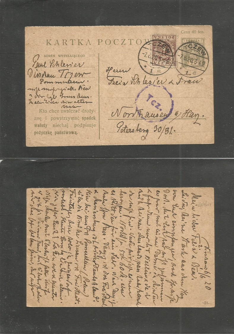 Poland. 1920 (7 June) Tczew - Nordhausen, Germany 25f Green Stat Card + Adtl. Censored. Fine. - Autres & Non Classés