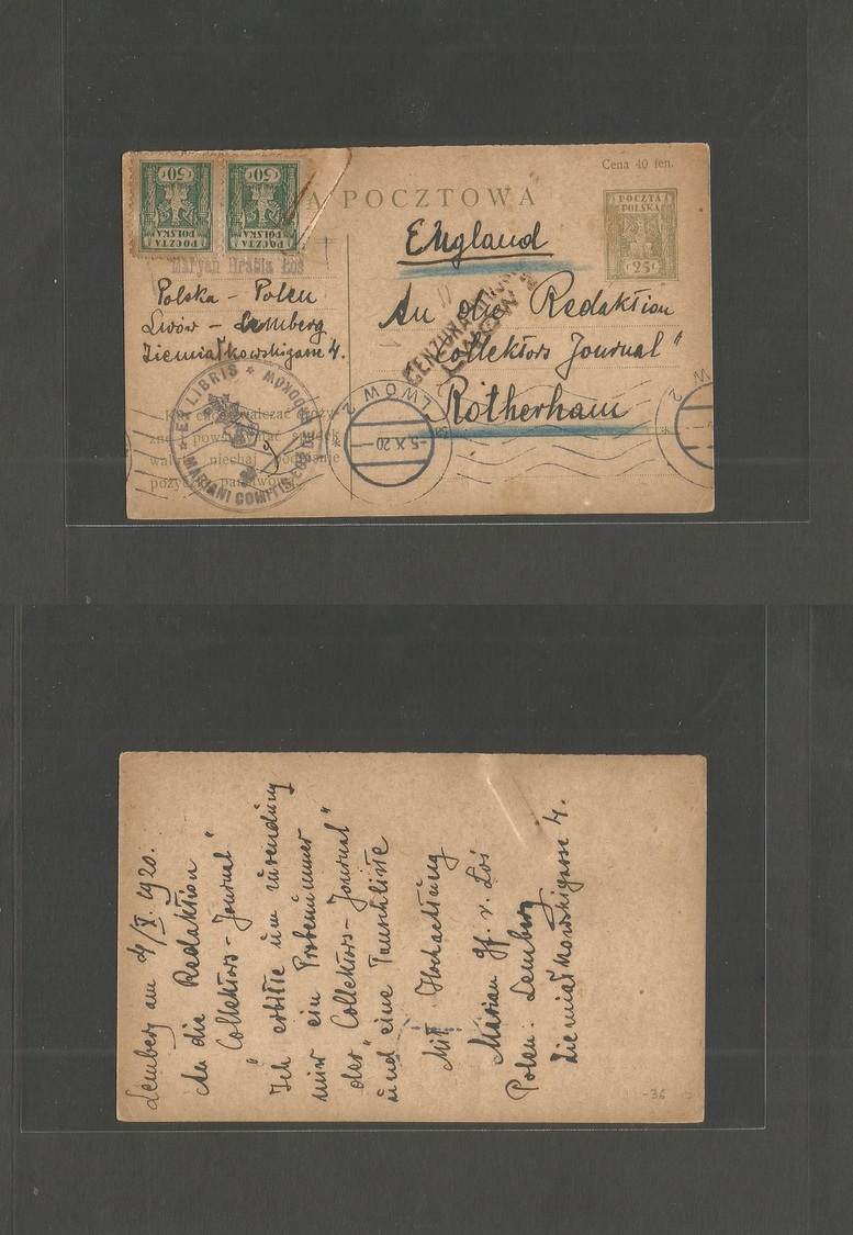 Poland. 1920 (4 Oct) Lemberg - Rotherham, England. 25f Green Stat Card + 2 Adtls, Tied Cachet + Depart Censor. Via Lwowo - Autres & Non Classés