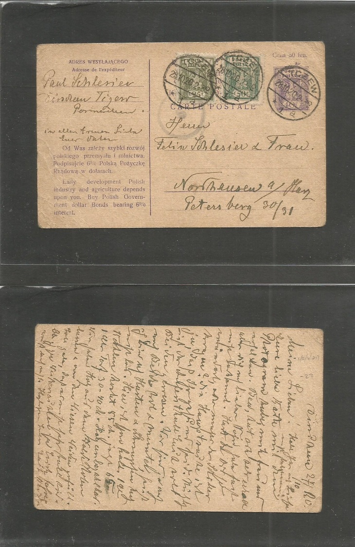 Poland. 1920 (28 Oct) Tgzew - Nordhausen Am Harz, Germany. 40f Lilac Stat Card + 2 Adtls, Cds + Censored. Fine. - Autres & Non Classés