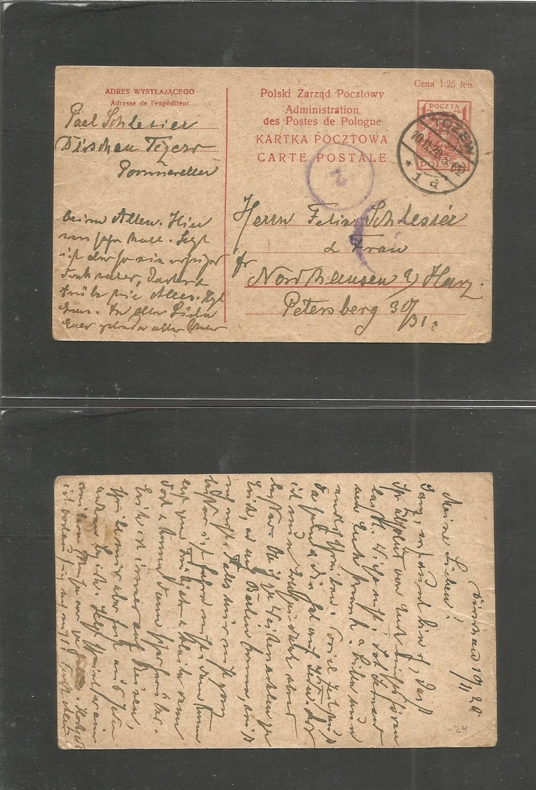 Poland. 1920 (10 Nov) Tozew - Nordhausen, Germany 1 Pmk Red Stat Card + Censor Cachet. Scarce And Fine. - Autres & Non Classés
