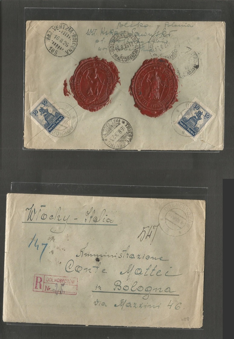 Poland. 1926 (10 Aug) Dolnoby Czow - Italy, Bologna (15 Aug) Registered Reverse Multifkd Envelope With  (2x) Red Wax Sea - Autres & Non Classés