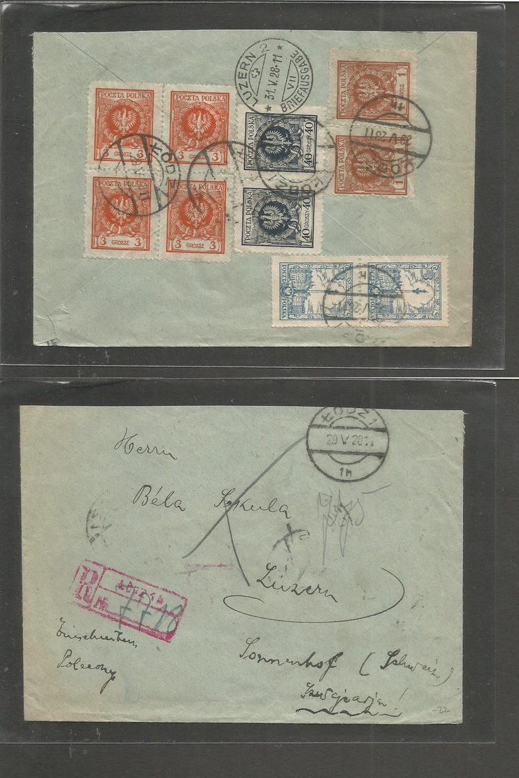 Poland. 1928 (29 May) Lodz - Luzern, Switzerland (31 May) Reverse Registered Multifkd Envelope. - Autres & Non Classés