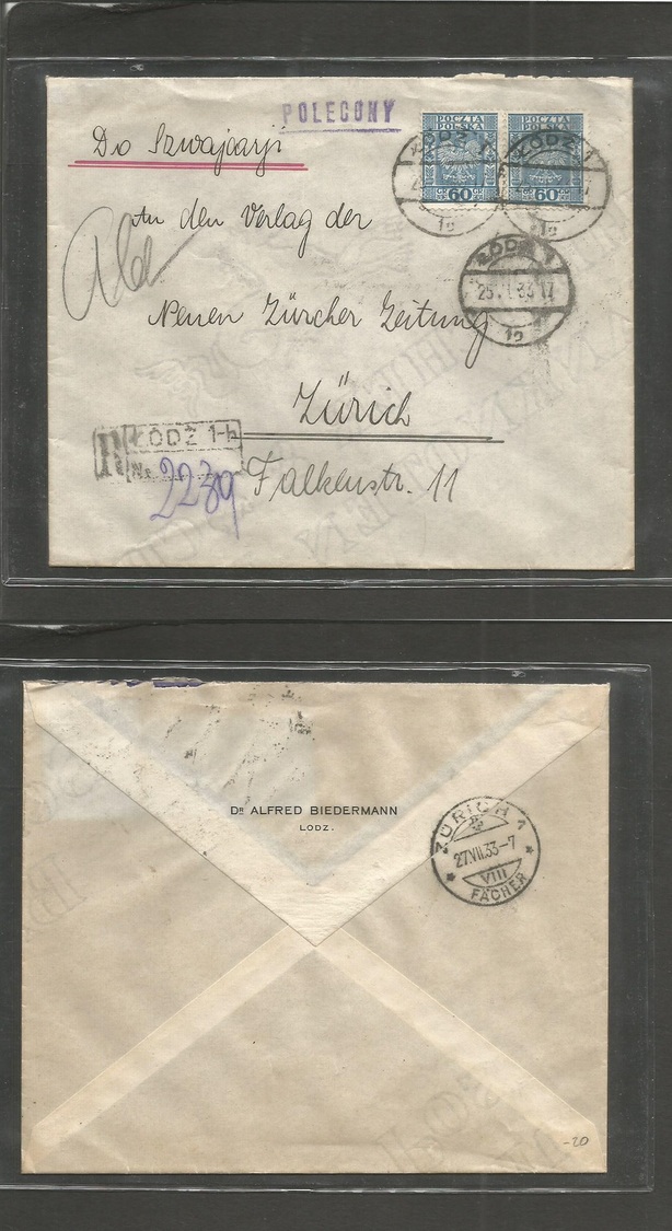Poland. 1933 (25 June) Lodz - Switzerland, Zurich (27 June) Registered Fkd Env. Fine. - Autres & Non Classés