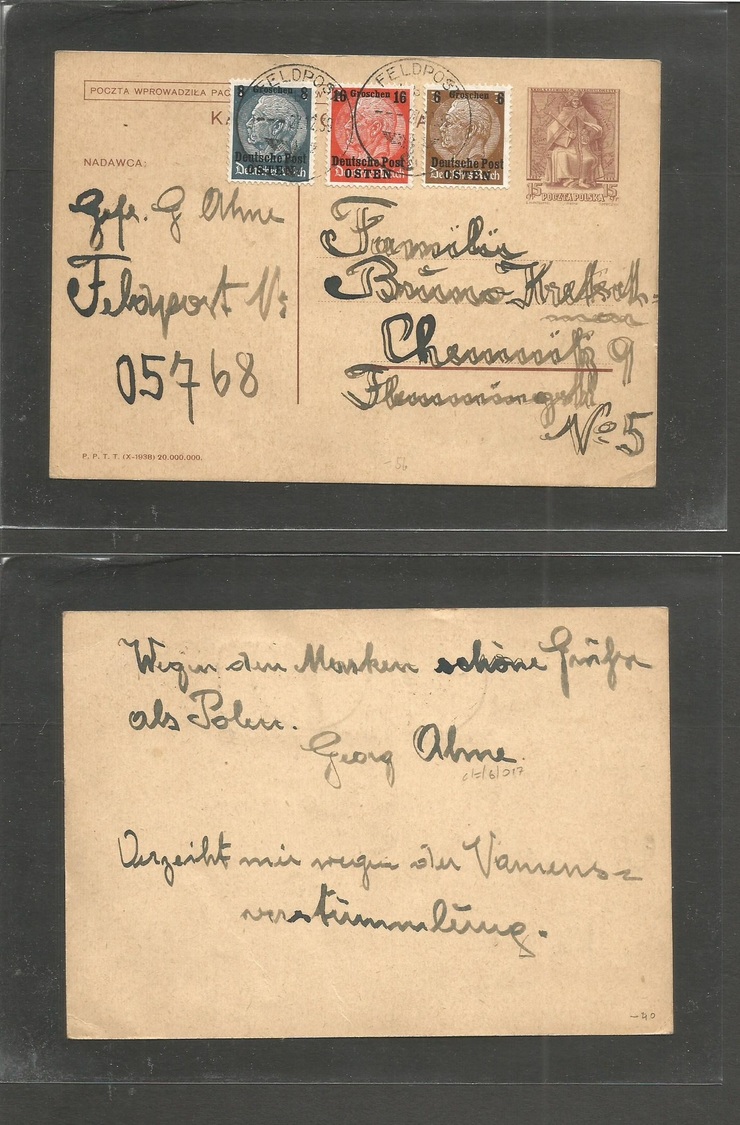 Poland. 1939 (27 Dec) Feldpost 15gr Brown Polish Stat + 3 Adtl Ovptd Germany Occup Issue, Addressed To Germany, Chemnnit - Autres & Non Classés