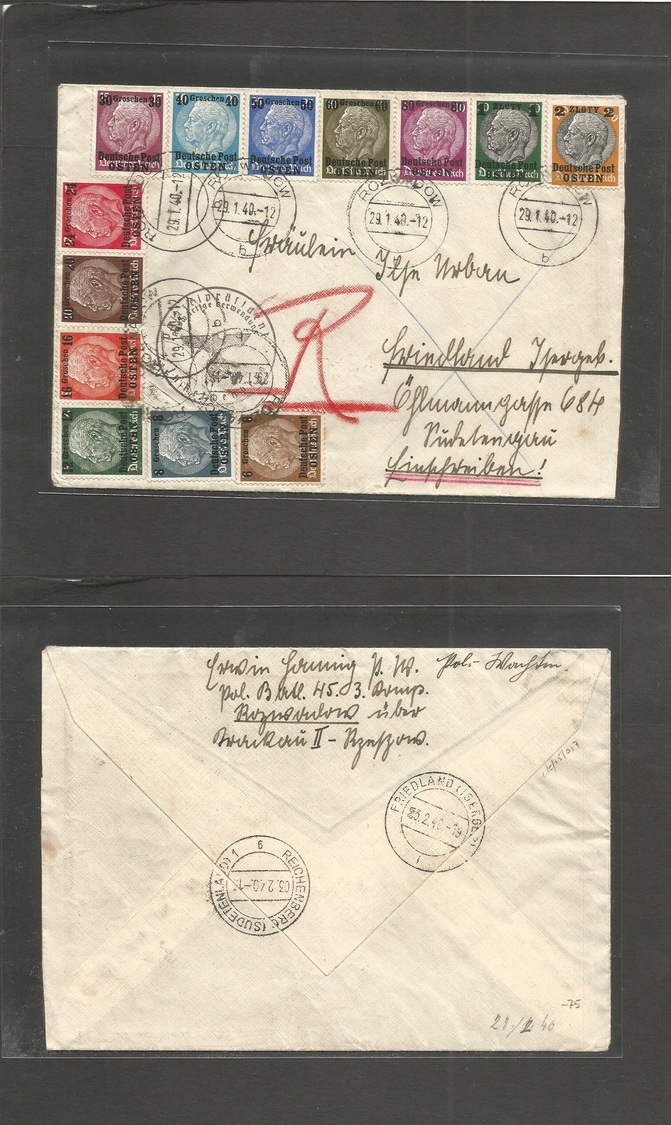 Poland. 1940 (29 Jan) Rozwadow - Germany, Friedland (23 Febr) German Occup. Ovptd Issue. Registered Multifkd Env + Nazi  - Autres & Non Classés