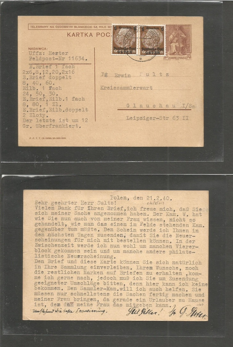 Poland. 1940 (21 Febr) Tomaszo - Germany, Glauchau. 15gr Polish Stat Oval + 2 German Ovptd Occup Issue, Cds. Fine Mixed  - Autres & Non Classés