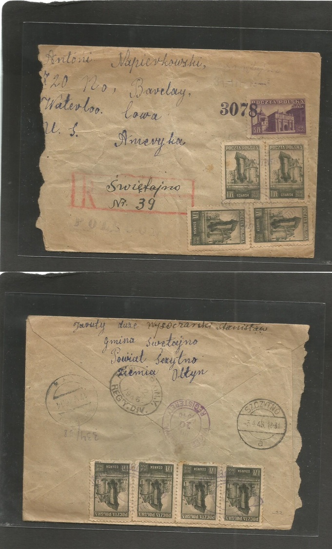 Poland. 1945 (3 April) Swielajno - USA, Iowa, Bareley (10 May) Registered Multifkd Envelope Via Szozytno - Gdansk Port. - Autres & Non Classés