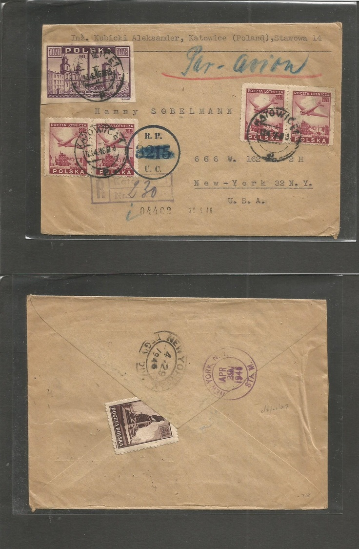 Poland. 1946 (13 April) Katowice - USA, NYC (29 April) Registered Air Multifkd Front + Reverse Control NR Envelope "RP". - Autres & Non Classés