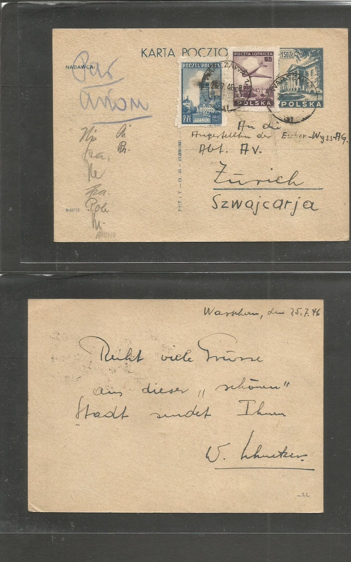 POLAND. 1946 (26 July) Warsaw - Zurich, Switzerland. 1,50 Stat Card + 2 Adtls. Fine. - Autres & Non Classés