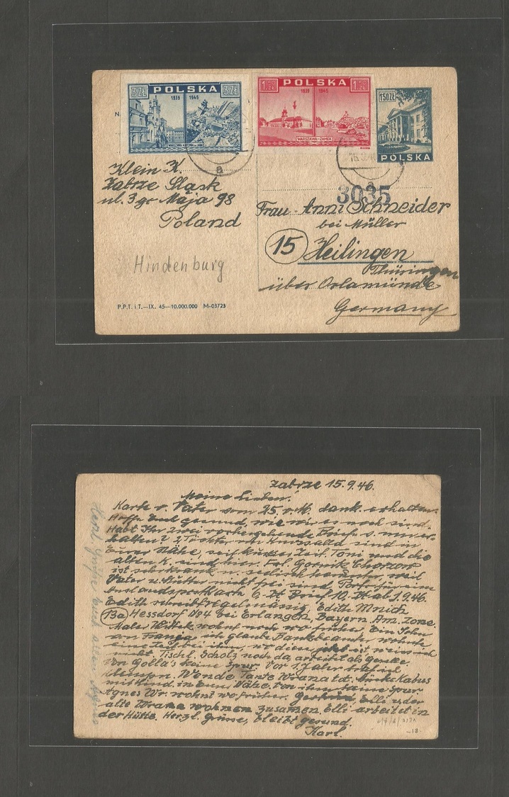 Poland. 1946 (15 Sept) Zabrze - Germany, Heilnigen 1,50 3 Lt Blue Stat Card + 2 Adtl, Imperf Tied Cds. Fine. - Autres & Non Classés