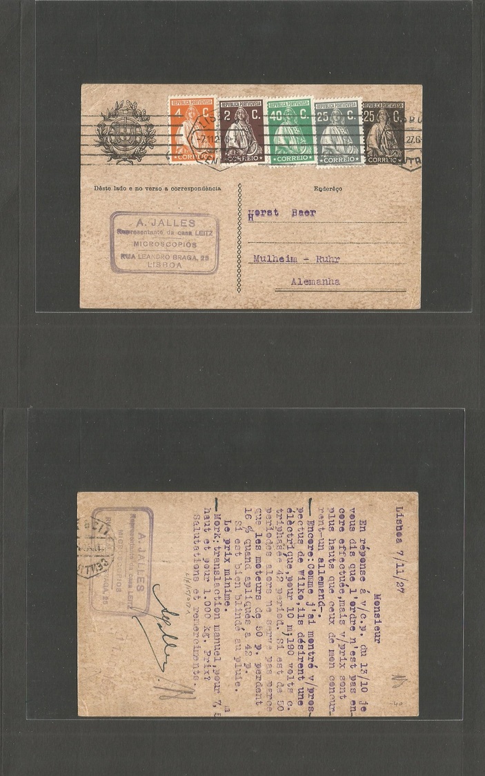 Portugal - Stationery. 1921 (7 Nov) Lisboa - Germany, Mulheim 25c Black Stat Card + 4 Adtls. VF Ceres Issue Combination. - Autres & Non Classés