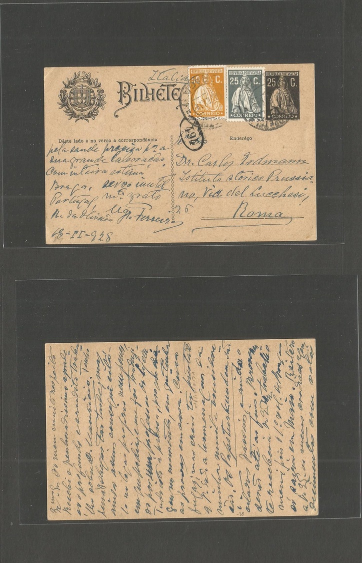 Portugal - Stationery. 1928 (18 Feb) Braga - Italy, Rome. 25c Black Ceres Stat Card + 2 Adtls. Fine. - Sonstige & Ohne Zuordnung