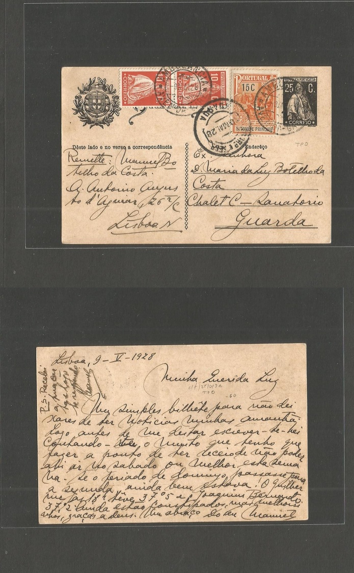 Portugal - Stationery. 1928 (9 May) TPO. Avenida, Lisboa - Guarda (10 May) 25c Black Stat Card Ceres Issue + 3 Adtls Inc - Other & Unclassified