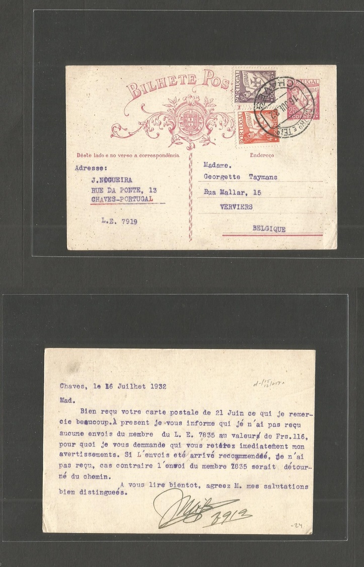 Portugal - Stationery. 1932 (16 July) Chaves - Belgium, Verviews. 25c Pink Luisiadas Issue Stat Card + 2 Adtls. Tied Cds - Autres & Non Classés