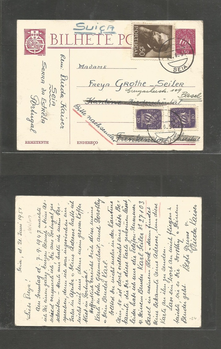 Portugal - Stationery. 1951 (20 June) Seia - Switzerland, Basel. $50 Reddish Stat Card + 3 Adtls. Caravela Issue. VF. - Autres & Non Classés