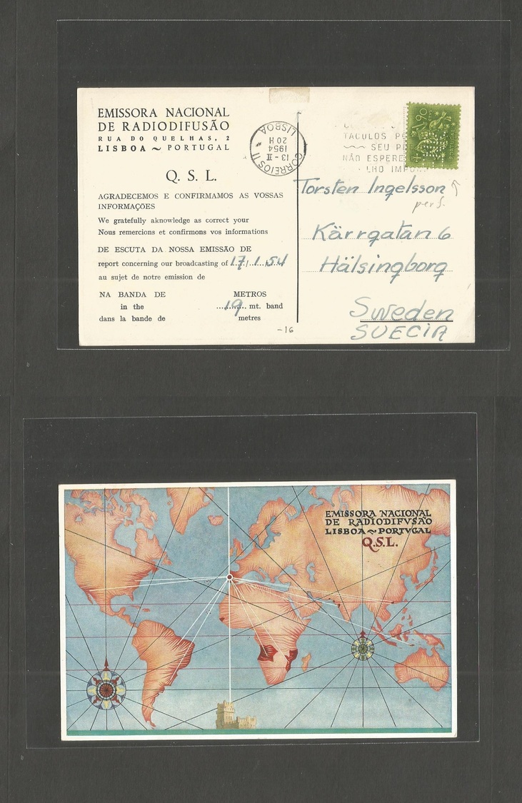 Portugal - Xx. 1954 (13 Febr) Perfin. Lisbon - Sweden, Halsinbog. Fkd Card. ENR. Emisora Nacional Redifusao. - Autres & Non Classés