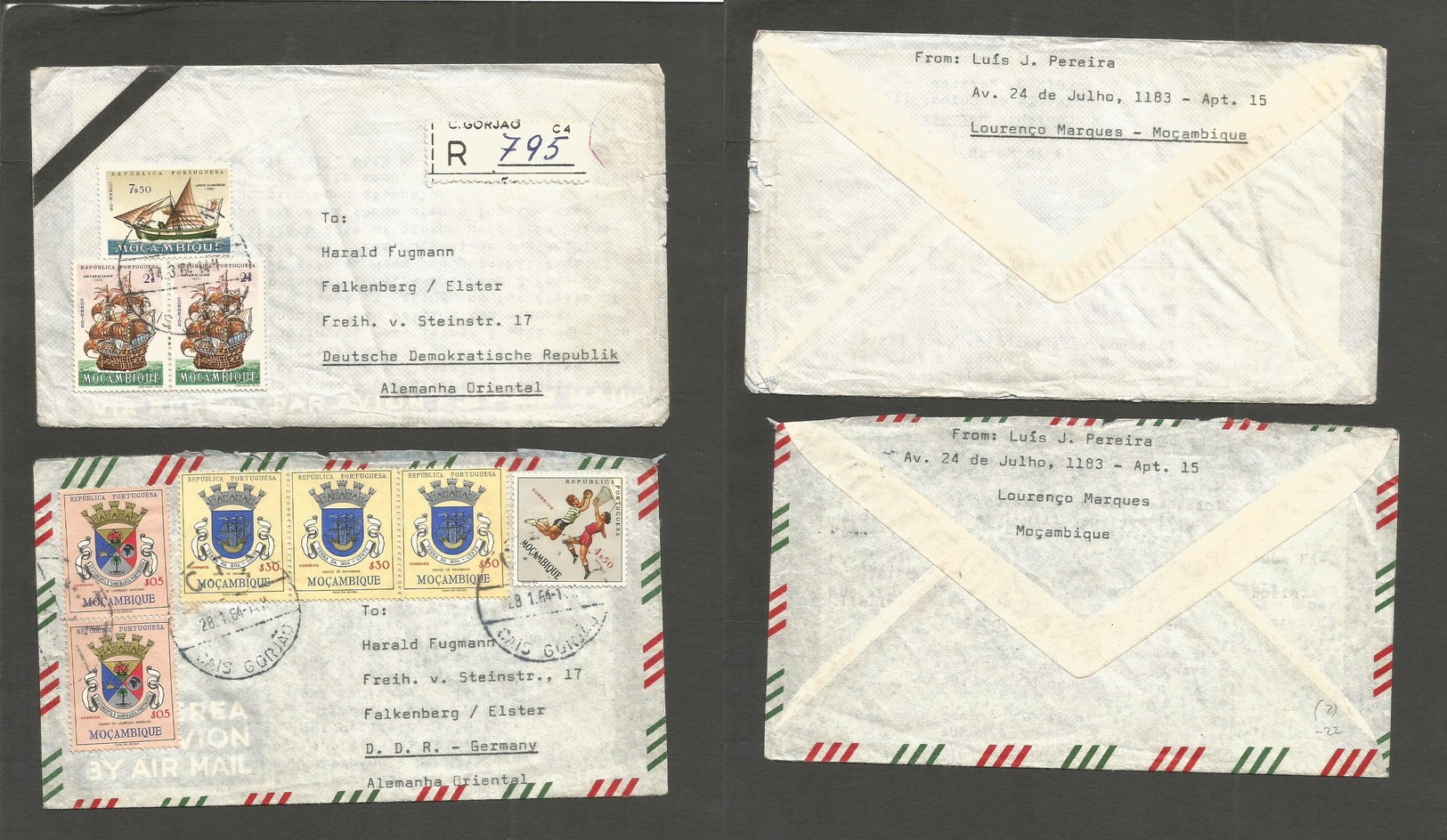 Portugal-Mozambique. 1964 (Jan - March) Caes Borjao - DDR, East Germany 2 Multiple Fkd Envelopes, One Registered + Conta - Autres & Non Classés