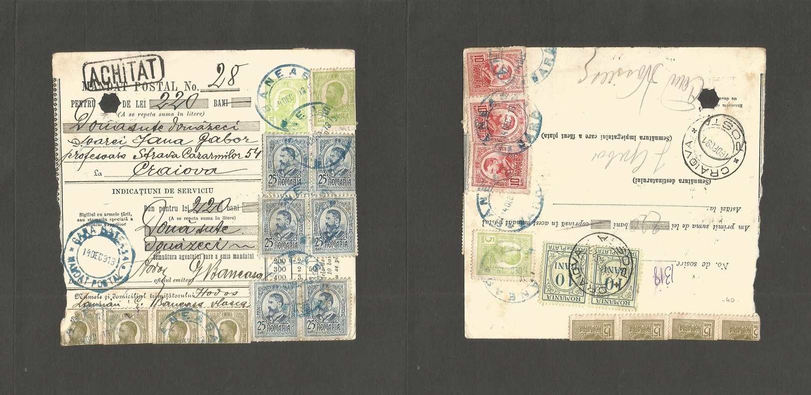 Romania. 1913 (14 Dec) Banesa - Craiova - Postal Package Receipt Multifkd Card (F+R) - Autres & Non Classés