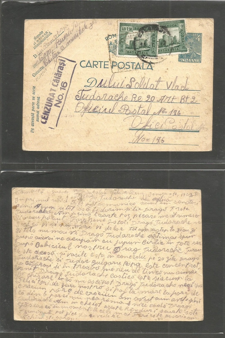 Romania. 1942 (10-11 Jan) Military Mail. Chitan A Muri. 4l Blue Stat Card + 2 Adlts Censored Twice. Basarabia Issue. - Autres & Non Classés