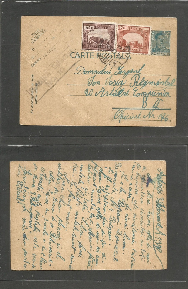 Romania. 1942 (3 Feb) Astazi - Military Mail 4 Lei Blue Stat Card + 2 Adtls Basarabia Issue + Censor Cachet. - Autres & Non Classés