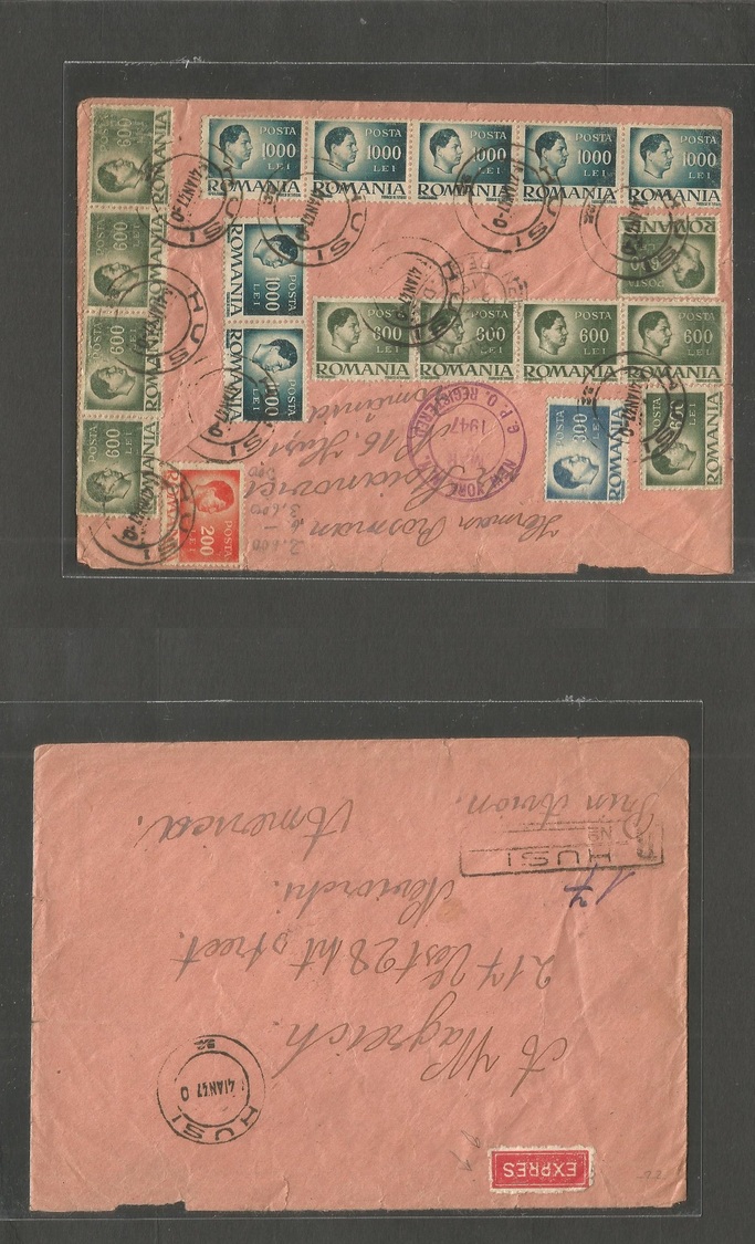 Romania. 1947 (4 Jan) Husi - USA, NYC (7 March) Registered Reverse Multifkd Envelope + Express Posta Service Incl R-labe - Autres & Non Classés