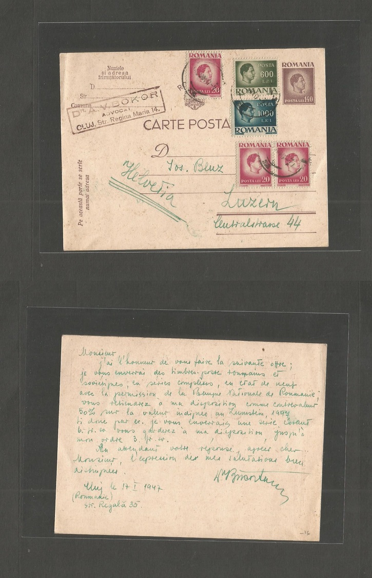 Romania. 1947 (17 Jun) Muj - Switzerland, Luzern. 140 Lei Lilac Stat Card + Adtls, Cds. Fine. - Autres & Non Classés