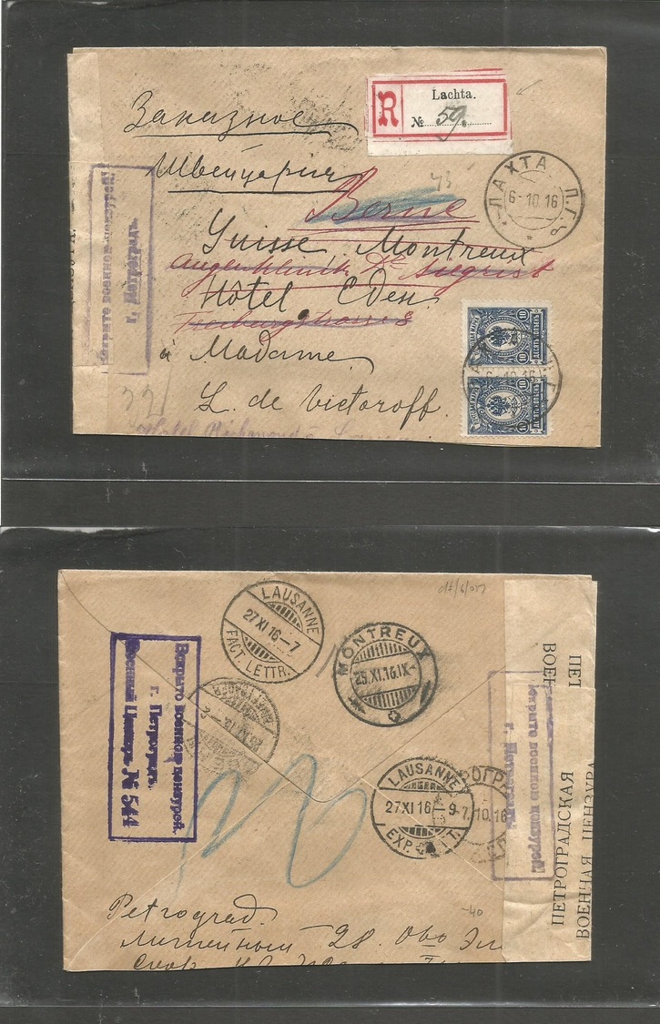 Russia. 1916 (6 Oct) Lachta - Switzerland, Montreux (25-27 Nov) WWI Cancel. Registered Fkd Env + R-label Fwded Fine. - Autres & Non Classés