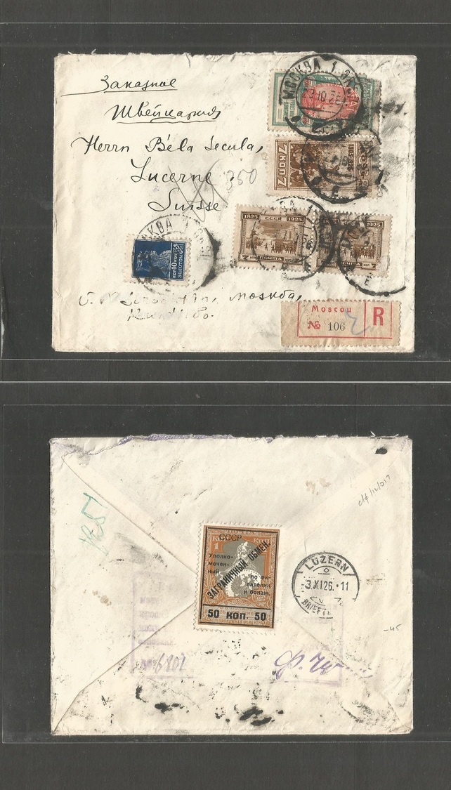 Russia. 1926 (23 Oct) Moscow - Switzerland, Luzern (3 Nov) Registered Multifkd Commemorative + Ovptd Label Reverse Usage - Autres & Non Classés