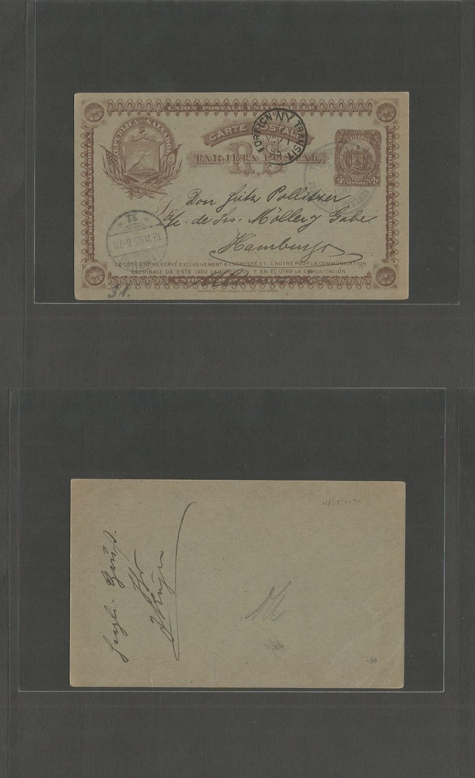 Salvador, El. 1895. S Salvador - Germany, Hamburg (12 Nov) Via NY Foreign Transit (Nov 1) 3c Brown Stat Card. Very Rare  - Salvador