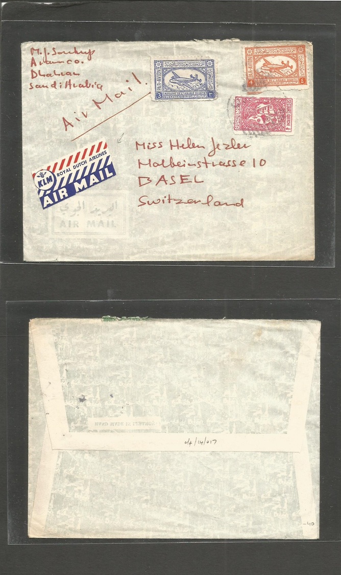 Saudi Arabia. C. 1950s. Dharan - Switzerland, Basel. Air KLM Tricolor Early Label. Multifkd Bilingual Cachet. - Arabie Saoudite