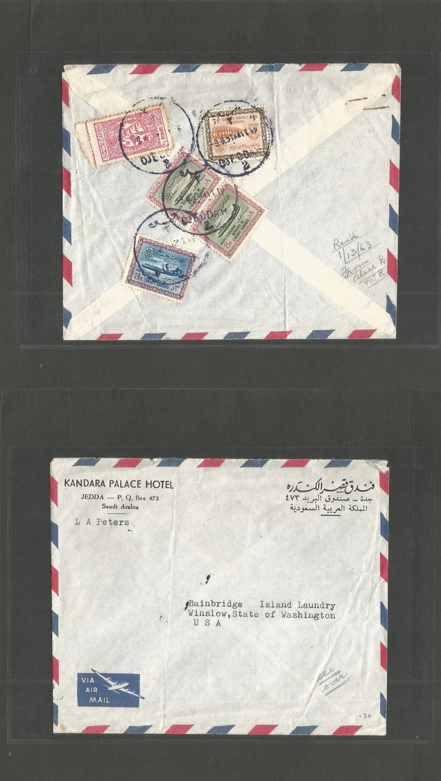 Saudi Arabia. 1951 (9 Aug) Djeddah - USA, Winslow, Washington State. Comercial Hotel. Reverse Multifkd Airmail Envelope, - Arabie Saoudite