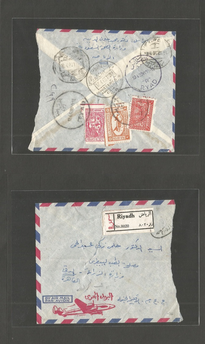 Saudi Arabia. 1960 (10 April) Riyadh - Egypt, Cairo (17 April) Registered Reverse Multifkd Air Envelope. Well Transited. - Arabie Saoudite