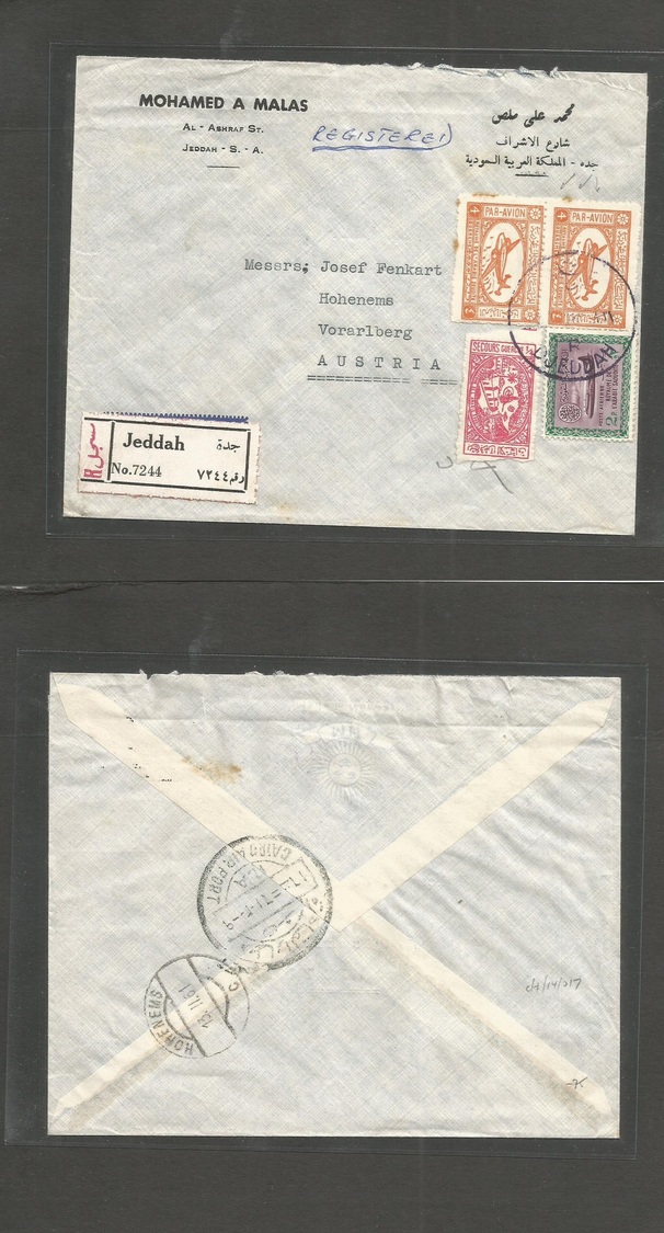 Saudi Arabia. 1961. Djeddah - Austria (13 Feb) Via Cairo. Registered Air Multifkd Env Including 4q Orange Mark Pair. Unu - Arabie Saoudite