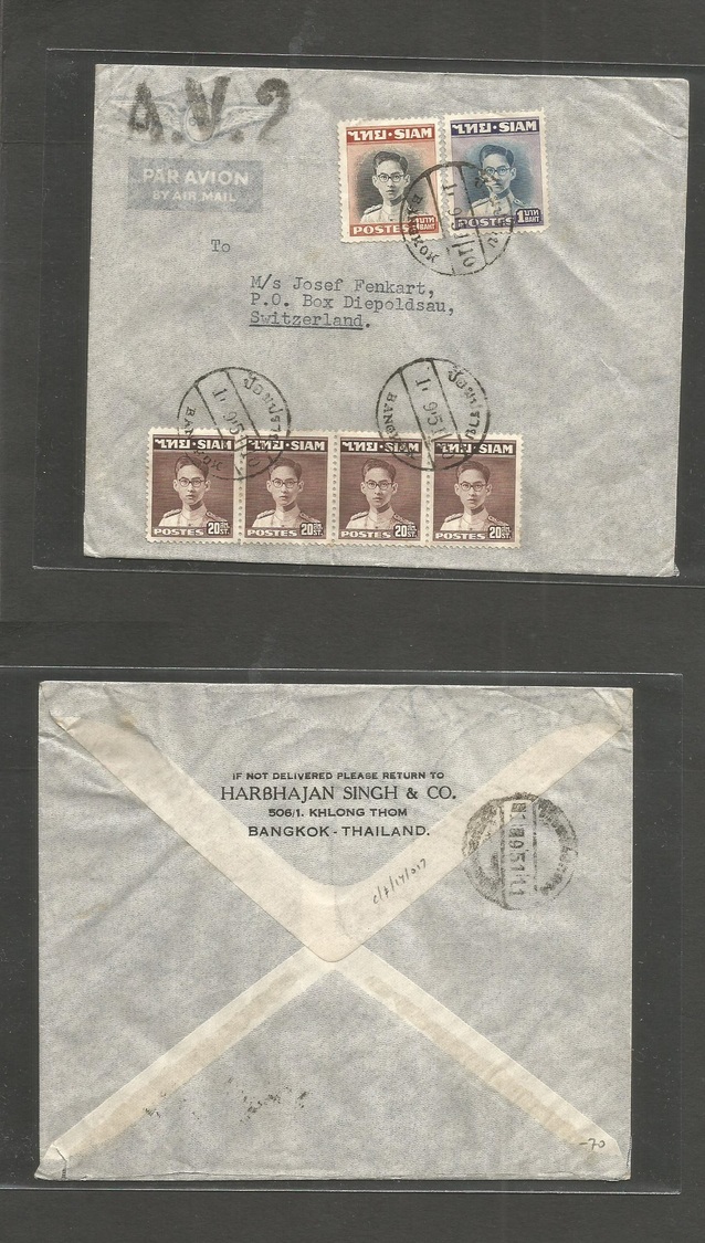 Siam. 1951 (1 Sept) BKK - Switzerland, Drepolsan. Air Multifkd Env. King Bhumipol Issue. "AV2" Air Service. Fine. - Siam