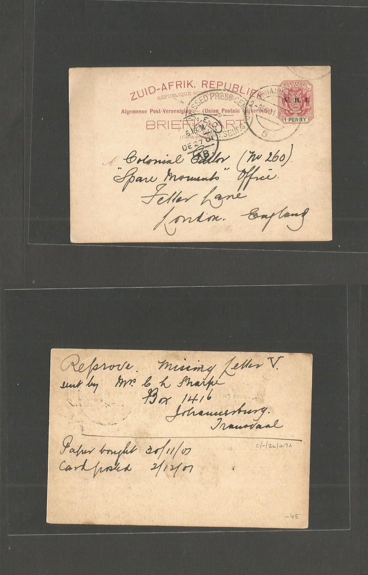 South Africa. 1901 (2 Dec) VRI, Jobug - UK, England (27 Dec) Press Censor Cachet. War Period. Fine. - Autres & Non Classés